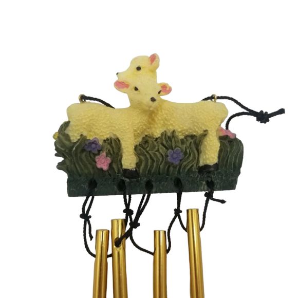 Wind Chimes Two Baby Lambs Grass Pink Blue Floral Flowers Metal Rod Resin - Picture 4 of 6